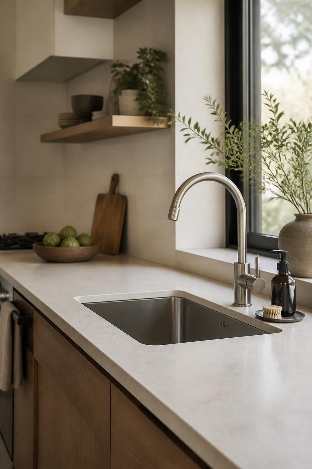 Modern kitchen with clean installed sink and faucet in warm light