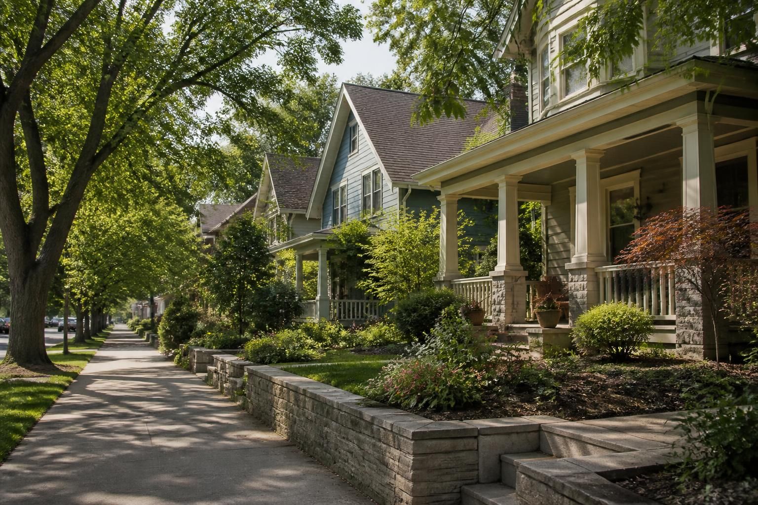 Welcoming residential street with mature trees and homes in Lawrence