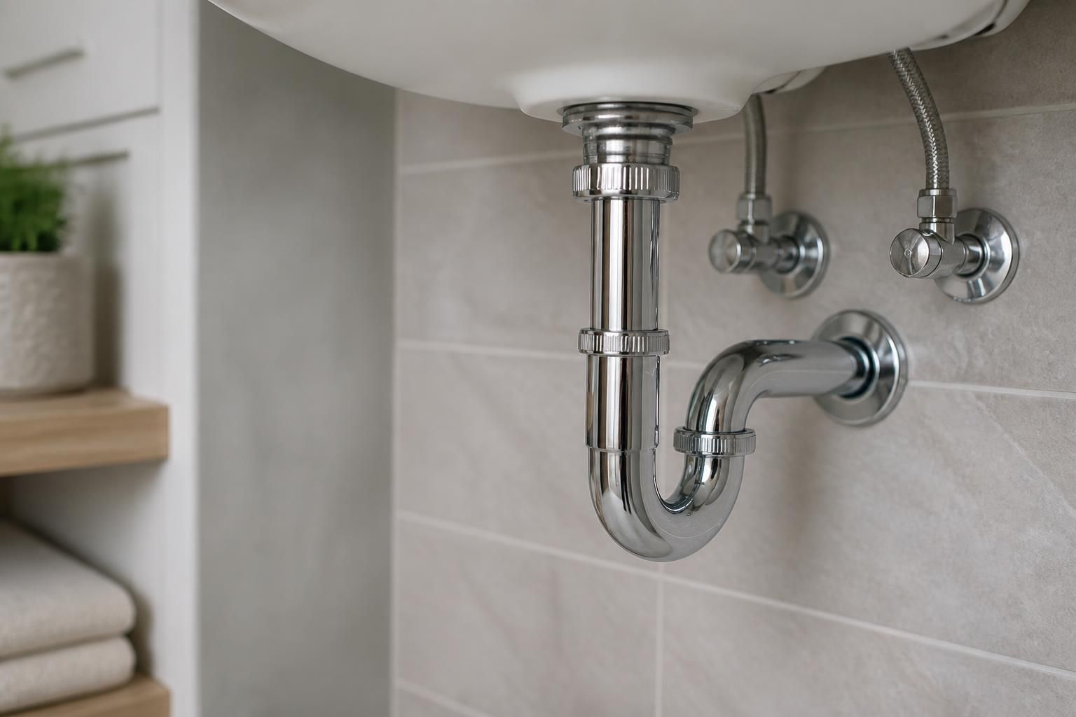 Repaired pipe connection under a clean bathroom sink