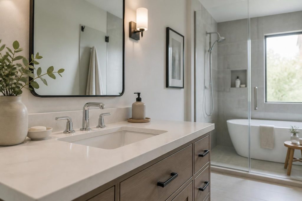 Modern bathroom with polished sink and chrome fixtures in soft light