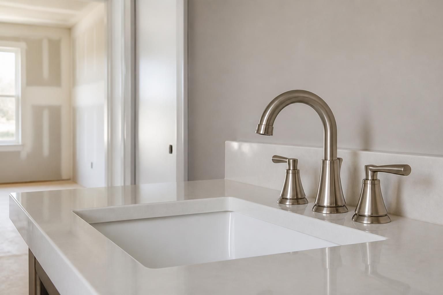 Freshly installed plumbing fixtures in a new home interior