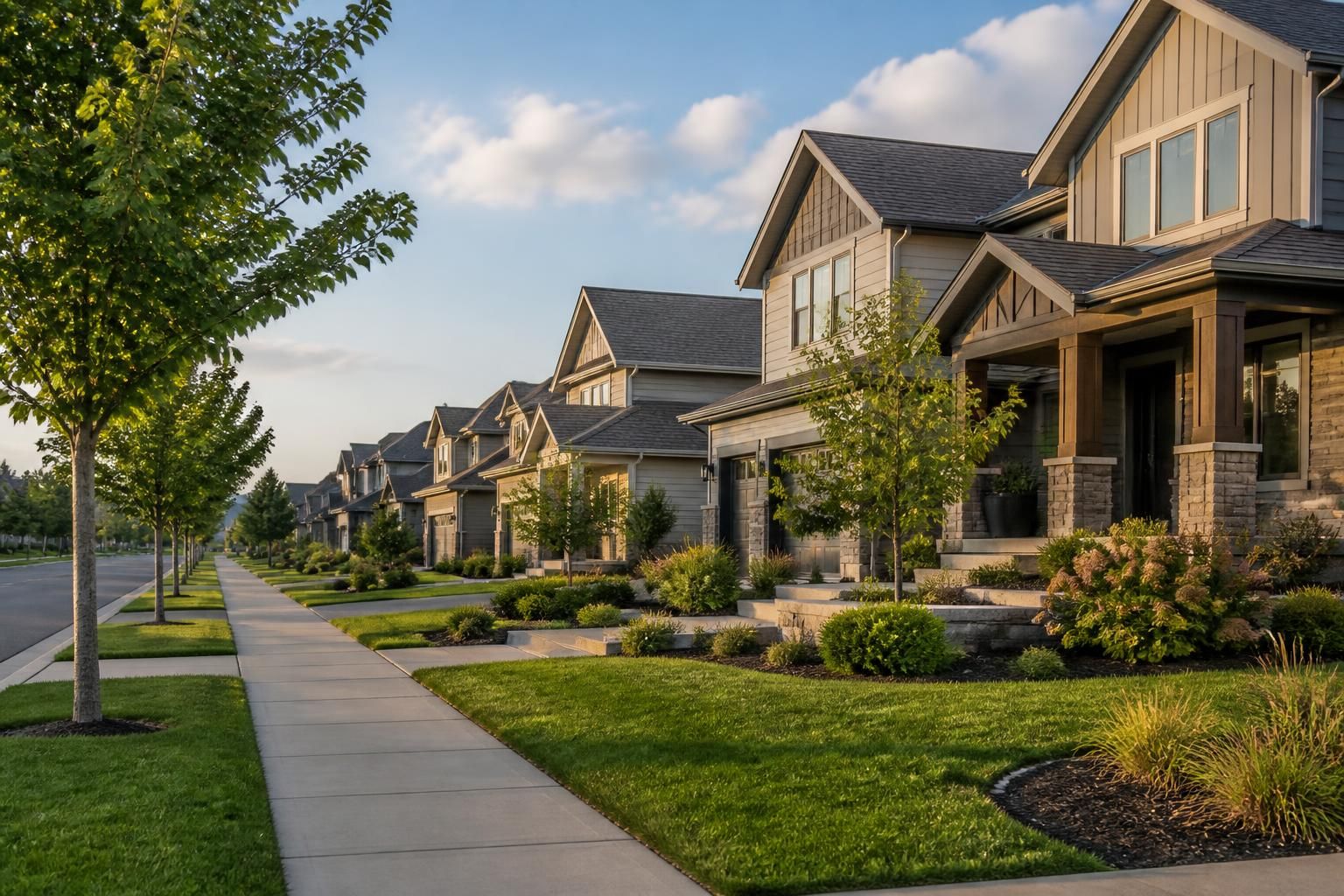 Modern homes and tree-lined sidewalks in Olathe
