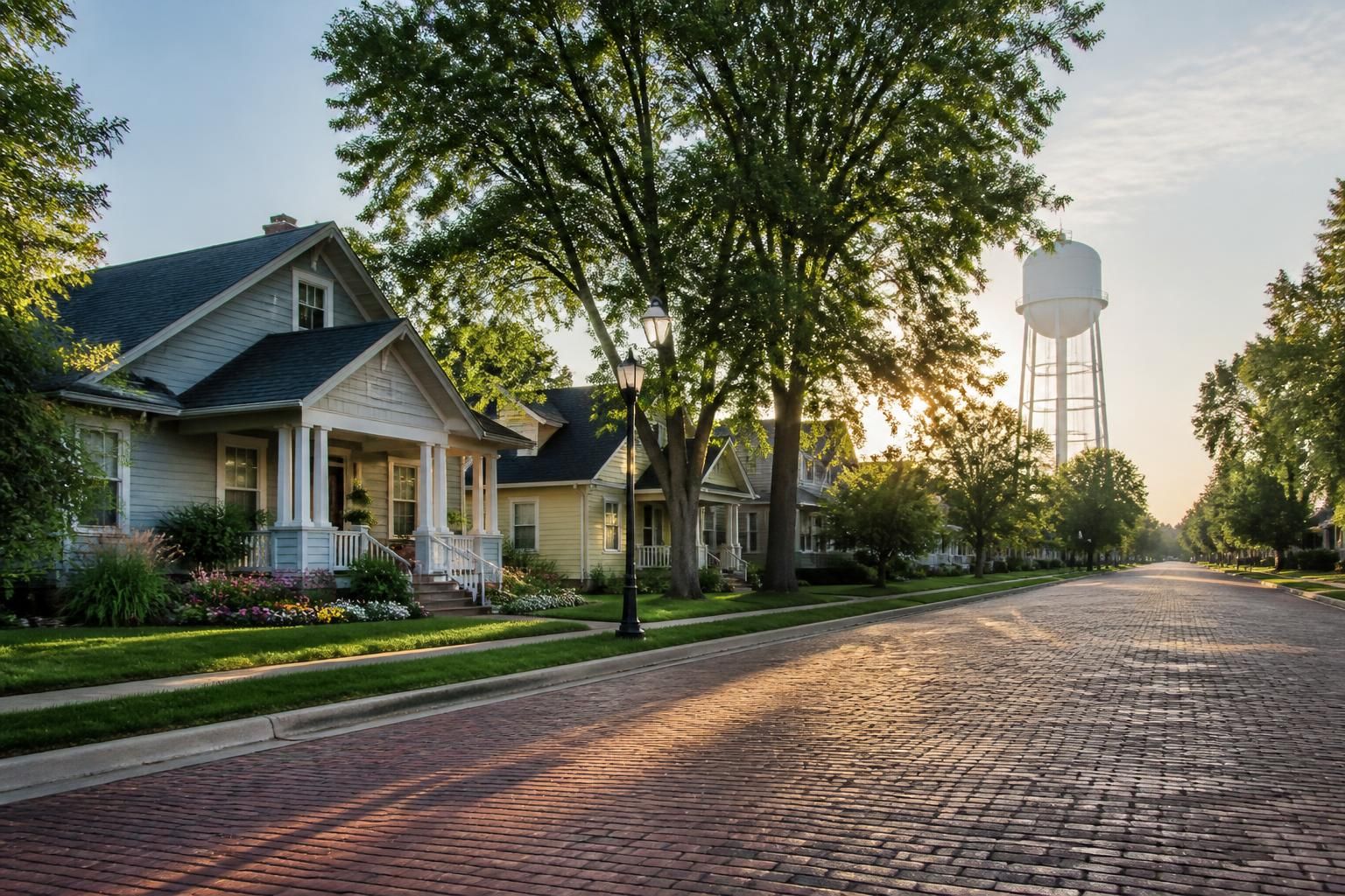 Peaceful small-town street with neat homes in Perry