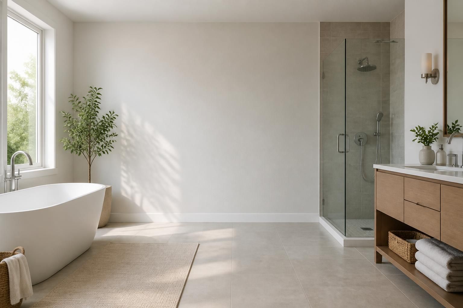Bright modern bathroom with open space and polished fixtures