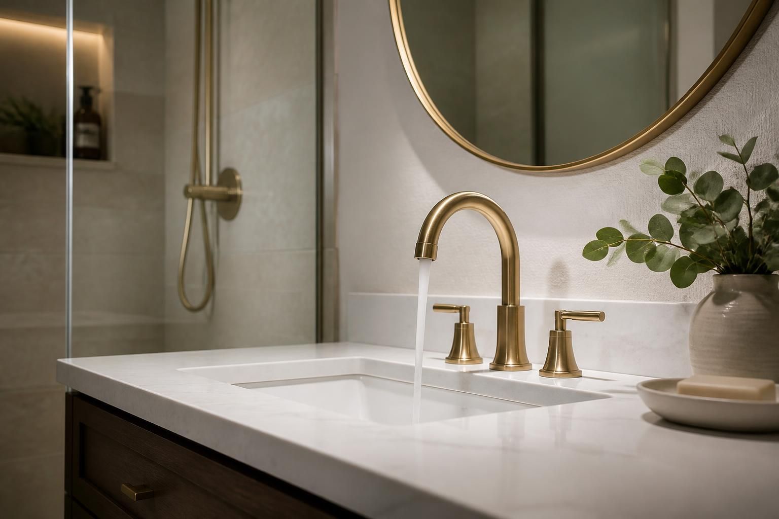 Updated bathroom with new plumbing fixtures in a renovation
