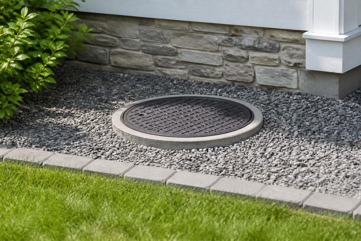 Restored sewer access area near a finished home exterior