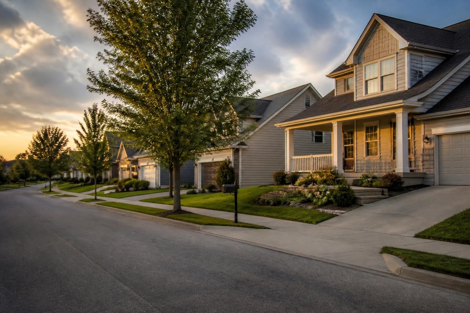 Tidy suburban homes in warm evening light in Tonganoxie